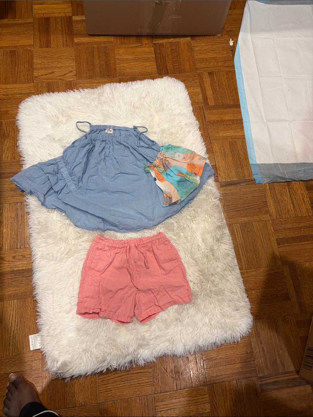 Blue Sundress with Coral Pink Shorts and Multicolor Swim Top